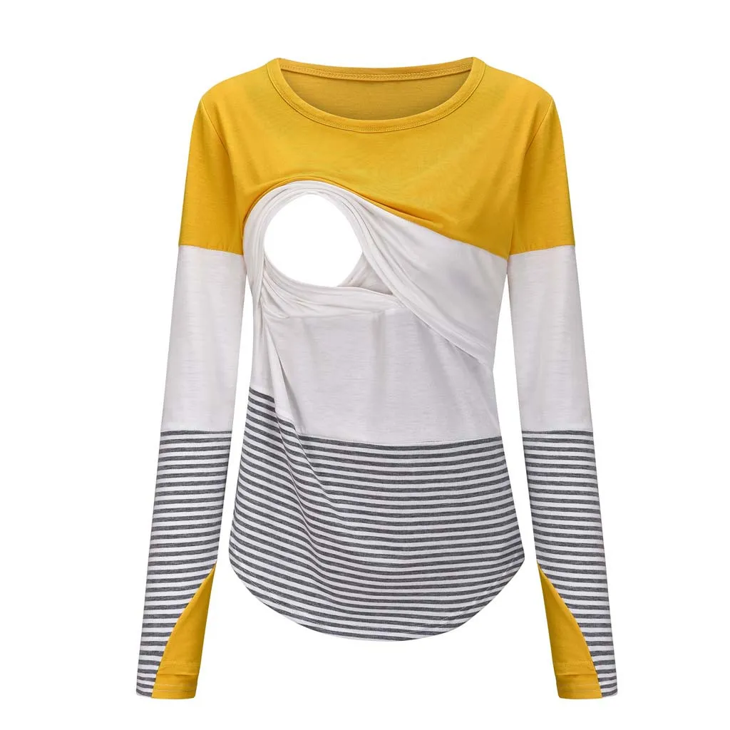 Yellow Hot Sale Breastfeeding Blouse Women Pregnant Nursing Maternity O-Neck Long Sleeve Splicing Stripe Blouse zwangerschaps shirt - Цвет: Yellow