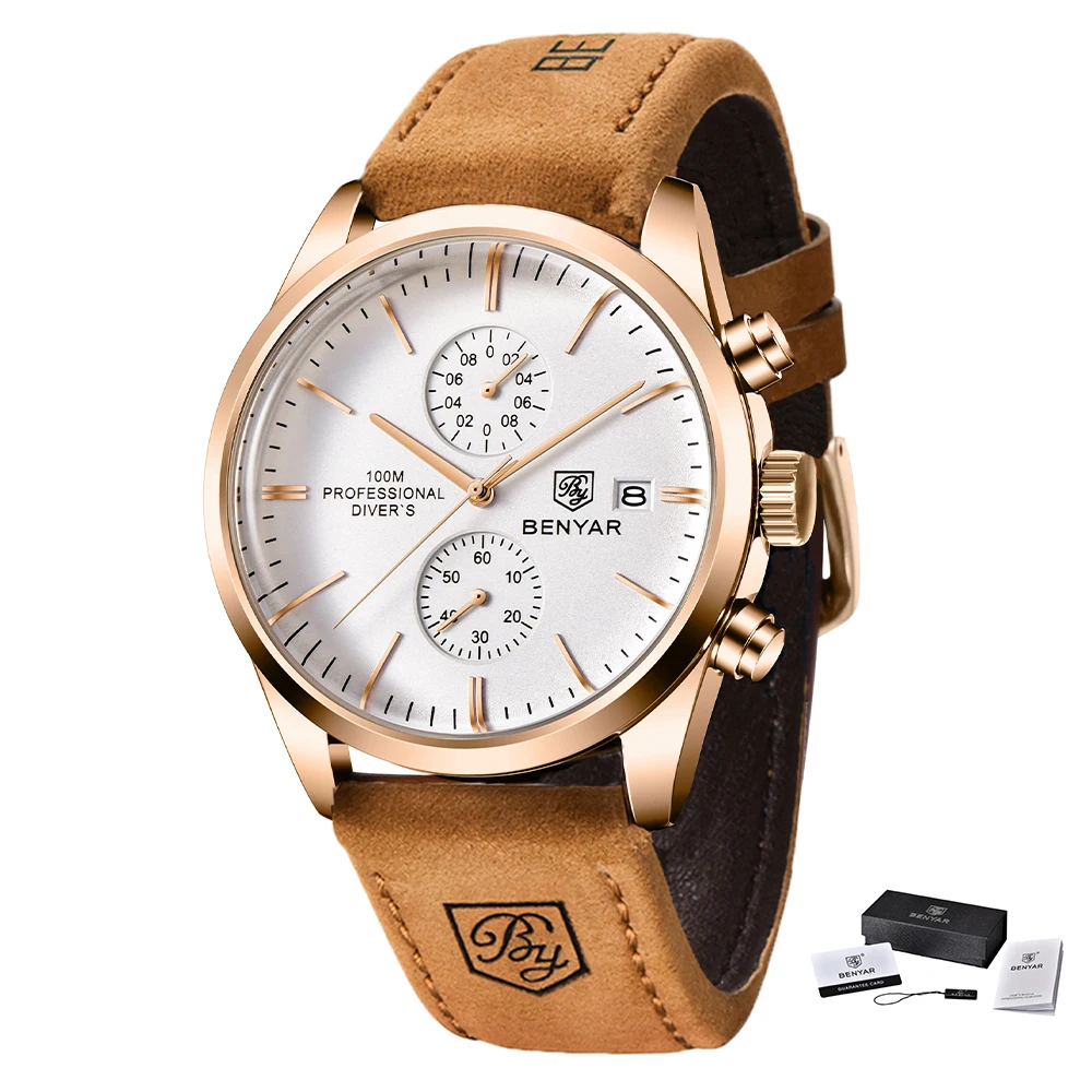 2022 New BENYAR Leather Men Quartz Wristwatches Luxury Brand 100M Waterproof Men Watch Military Sports Chronograph Watch for Men 