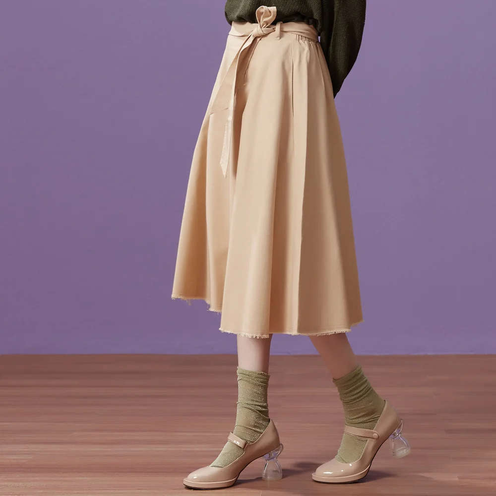 Metersbonwe High-Waisted Skirt Women's Autumn Winter New Arrival Sashes High-Waisted Milk Apricot A-Line Skirt Full Skirt