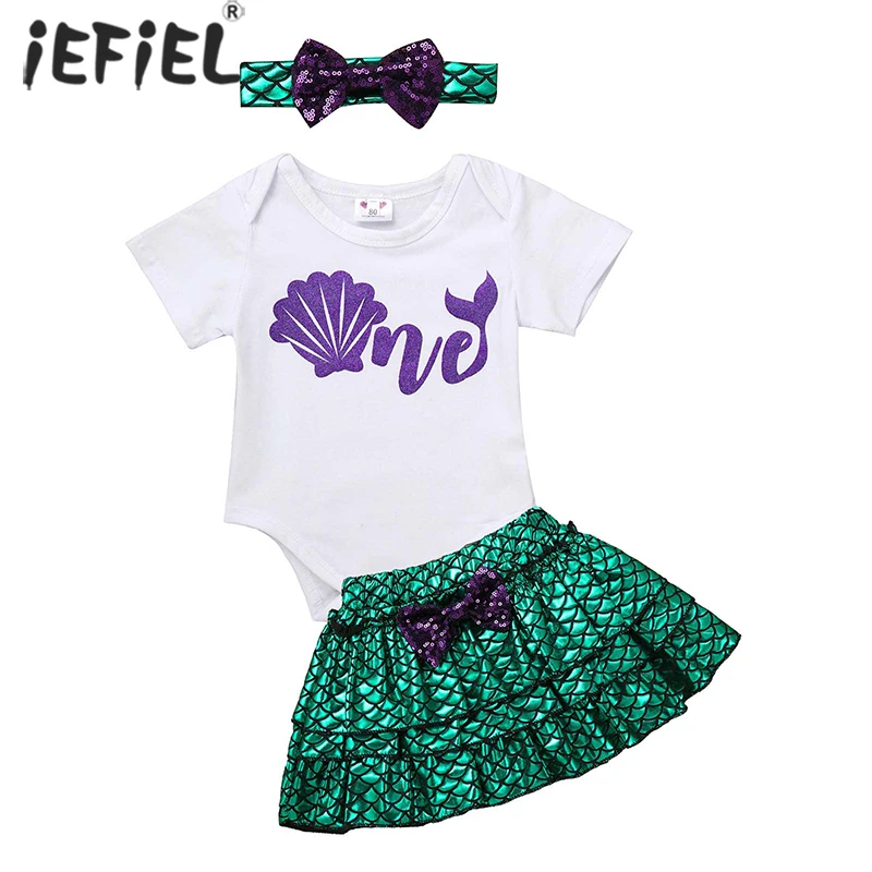 baby dress and set Baby Girl Princess Clothes Set Mermaid 1st Birthday Party Outfit Shell Romper Sequins Fish Scales Dress Bowknot Headband Costume baby's complete set of clothing