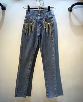 

Spring Autumn Jeans Woman New Heavy Industry Tassel Diamond Pockets High-Waist Slim-Fit Stretch Jeans Ladies Rhinestone Jeans
