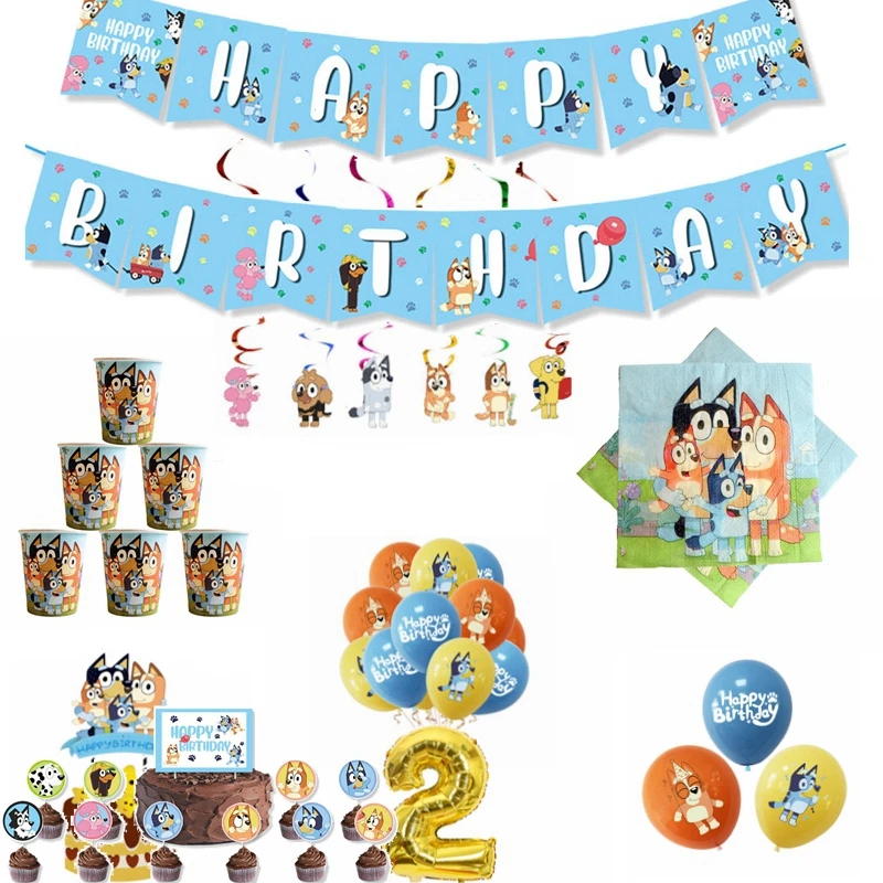 Conjunto de plato y vaso de papel azul para fiesta de cumpleaños de chico cachorro, bolsa de regalo, servilleta, bandera, tarta, vajilla, globo