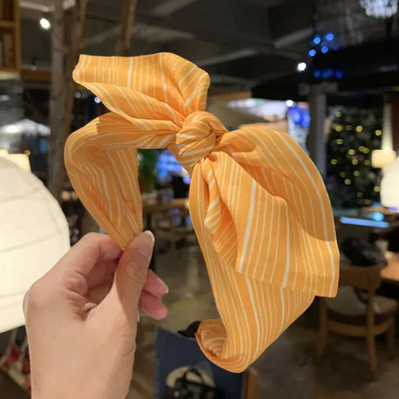 

Women Girls Cute Striped Hair Hoop Sweet Rabbit Ears Bowknot Center Headband Candy Color Wash Face Wide Headpiece