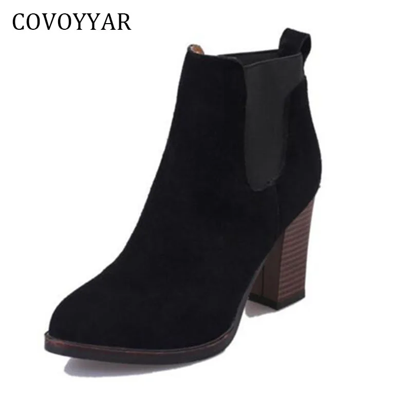 COVOYYAR/; черные женские ботильоны на толстом каблуке; сезон осень-зима; Ботинки martin из флока с острым носком; женская обувь без застежки; WBS267