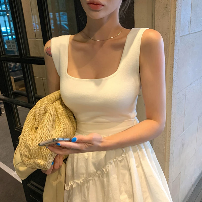 AOSSVIAO 2024 포페어 탱크 탑, 섹시한 크롭 조끼, 솔리드 하라주쿠, 한국 여성, 오프 숄더 니트, 블랙, 화이트, 여름