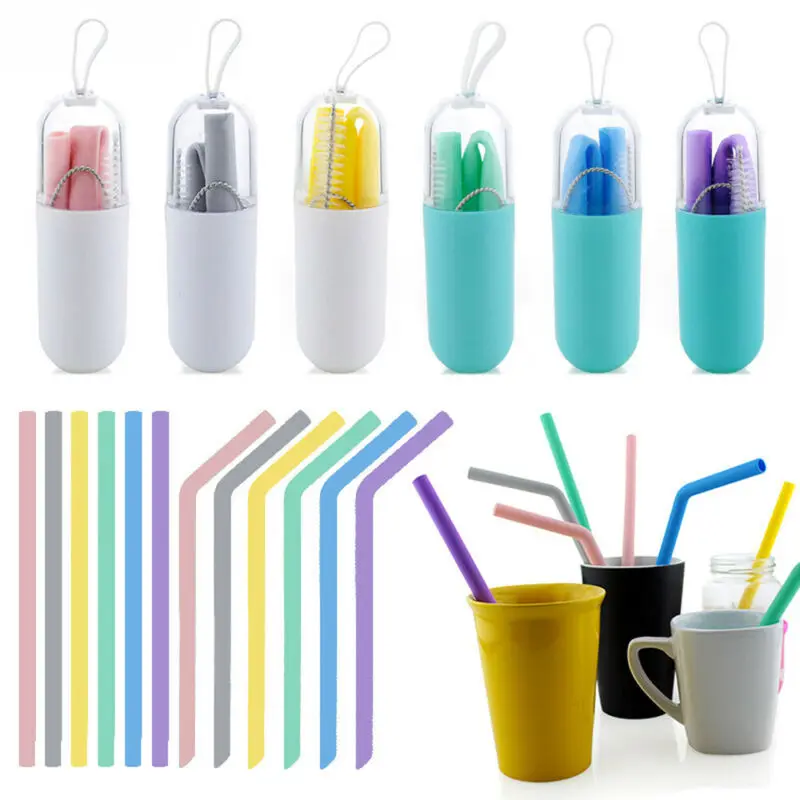 Reusable Silicone Drinking Straws Food Grade Straw with Cleaning Brushes Set 6/8 