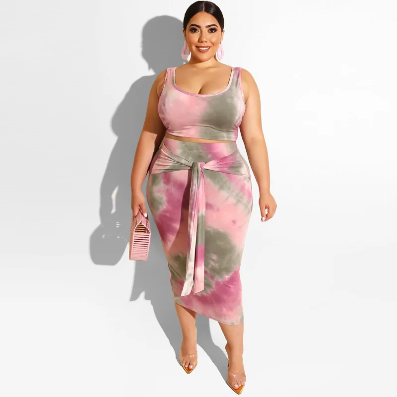 

Pink Outfit Plus Size Outfits for Women 4xl XXXXL XXXL 3XL 2 Piece Set Komplety Damskie Summer 2019 Tie Dye Pink Top and Skirt