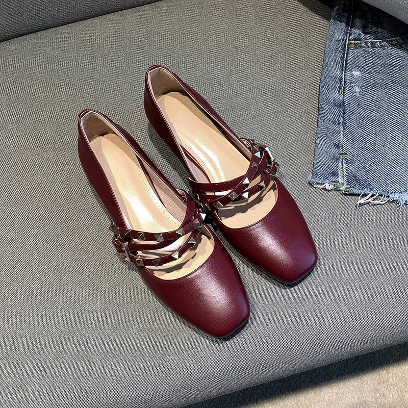 British style new spring high heels shoes women's pumps genuine leather rivet Gladiator Mary Jane ladies dating shoes femme