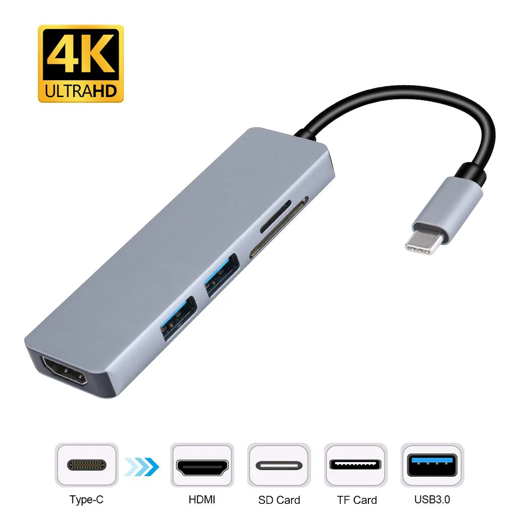 

Ouhaobin 5in1 USB type C Hub Adapter to HDMI 4 K Video adaptor for laptop Accessories with for SD/TF card reader Converter