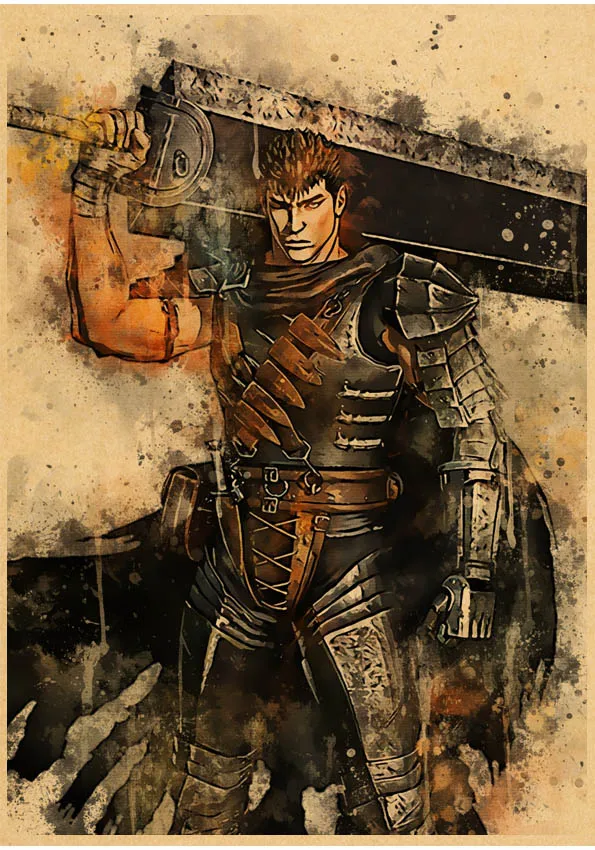 Poster japonês de anime berserk, adesivo de parede de decoração diverso  gatsu, papel kraft, impressão de