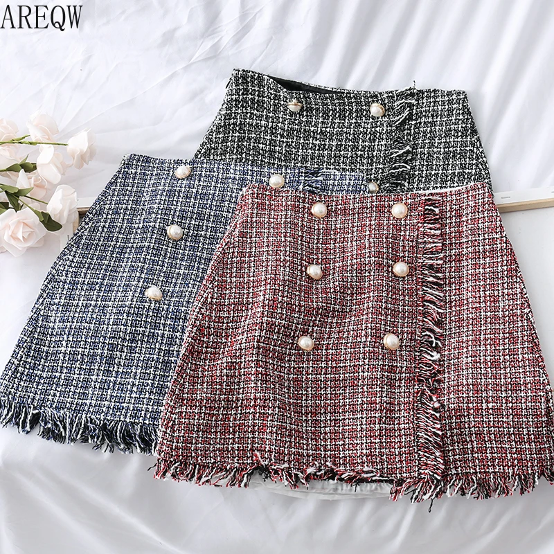 Ретро твидовая юбка женская 2019 Осень Корейская Высокая талия многорядная пряжка