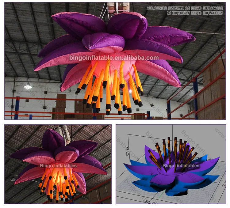 NEWLY DESIGN 1.5x1.5x0.57mh inflatable hanging purple flower air filled customized LED decorating suspended balloon toy