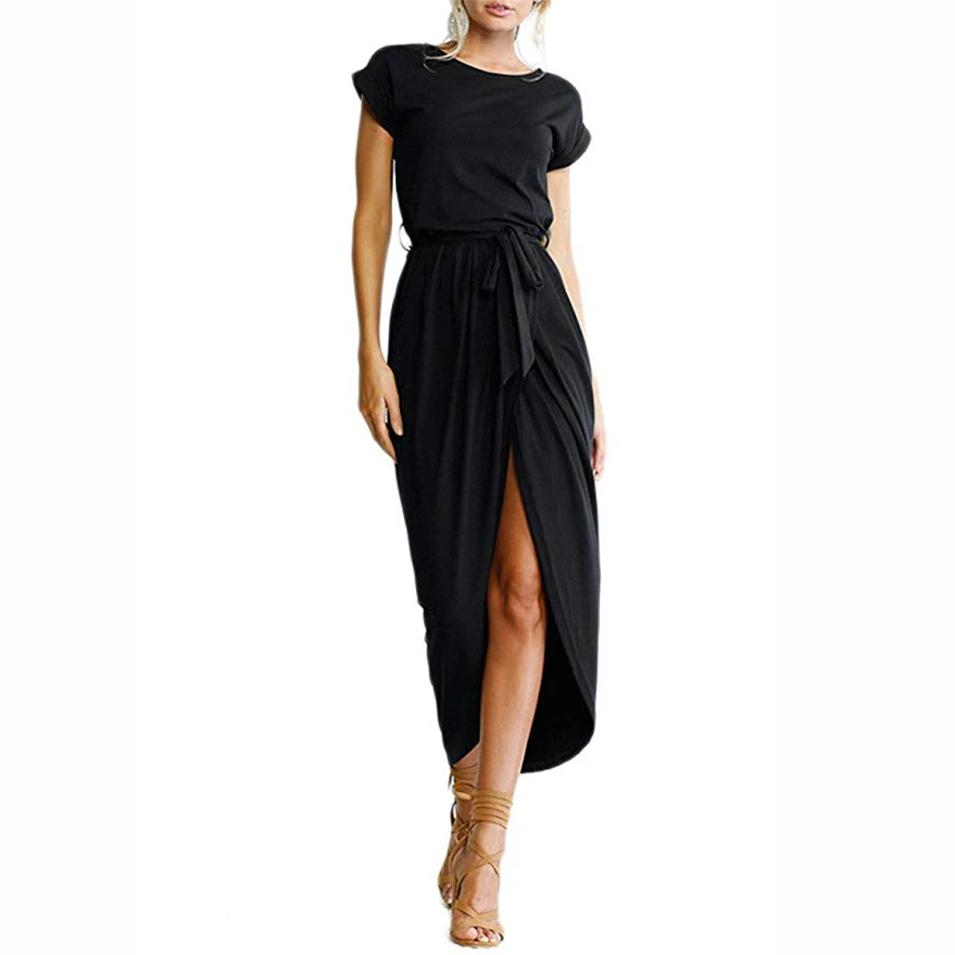Yming женское летнее платье с высоким разрезом в горошек, Длинное Макси платье, сексуальное пляжное платье с v-образным вырезом, Бохо платья с поясом, женское белое платье - Цвет: black