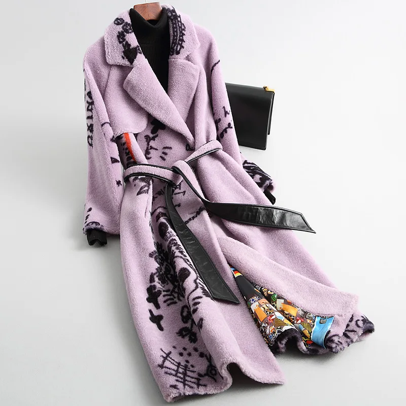 AYUNSUE женская шуба из овечьей шерсти шерстяное пальто осенне-зимнее женское пальто с принтом корейский китайский, из натурального нефрита Femme MY4212 - Цвет: purple