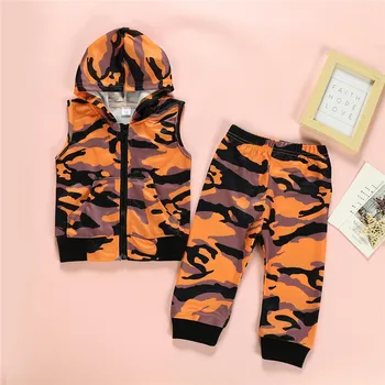 

New born Sleeveless Hooded Vest 2pcs Suit New Autumn Baby Boys Girls Clothes Cotton Orange Camouflage Disguise Clothing Sets