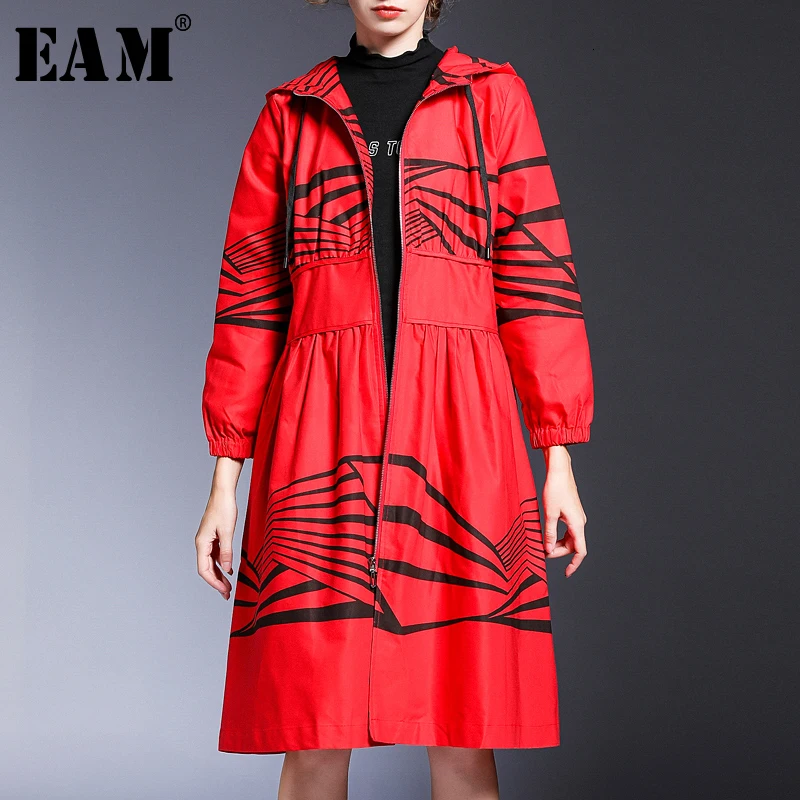

[EAM] Women Pattern Printed Big Size Trench New Hooded Long Sleeve Loose Fit Windbreaker Fashion Tide Autumn Winter 2019 1D286