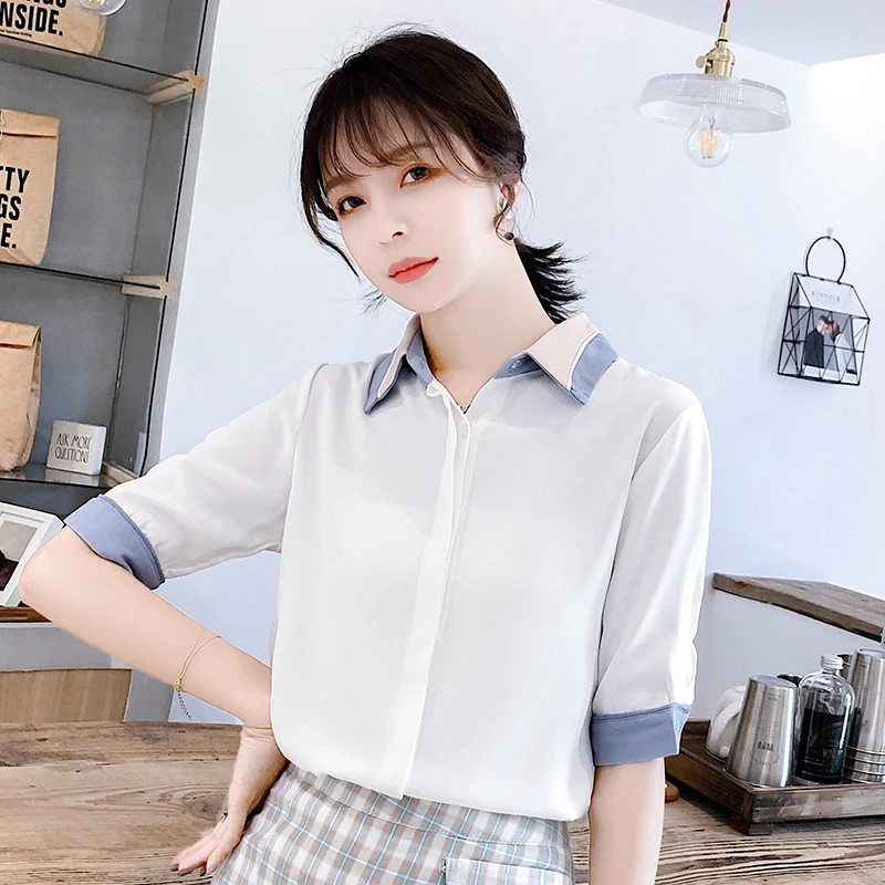 Summer New Women's Chiffon Shirt Short Sleeve Casual White Spliced Women Shirts Fashion Blouses