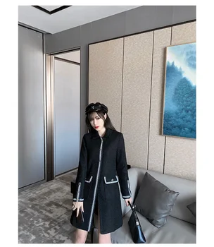 

Black Women Tweed Coat Elegant Single Breasted Jacket Female Outwear Top With Pockets For Autumn Winter Ladies Clothes
