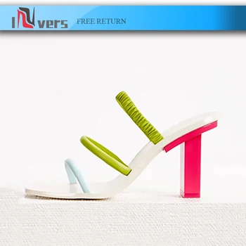 

Ins Hot New Fashion Women Sandals Square Toe One Strap Font Or Back Strap With Elastic Band Square Heels Casual Shoes Women