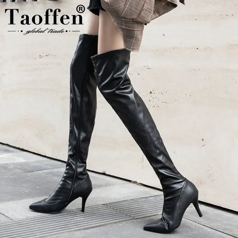 Taoffen Размер 30-48Low цена Женские Сапоги выше колена с принтом пикантные вечерние Для женщин ботинки на сплошной подошве шпильки классический Mujer Zapatos