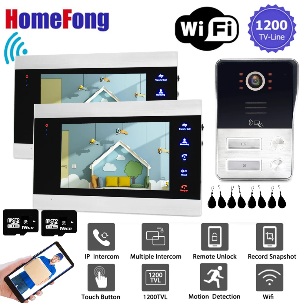Видеодомофон Homefong устройство для обнаружения движения 7 дюймов Wi-Fi 2 квартиры