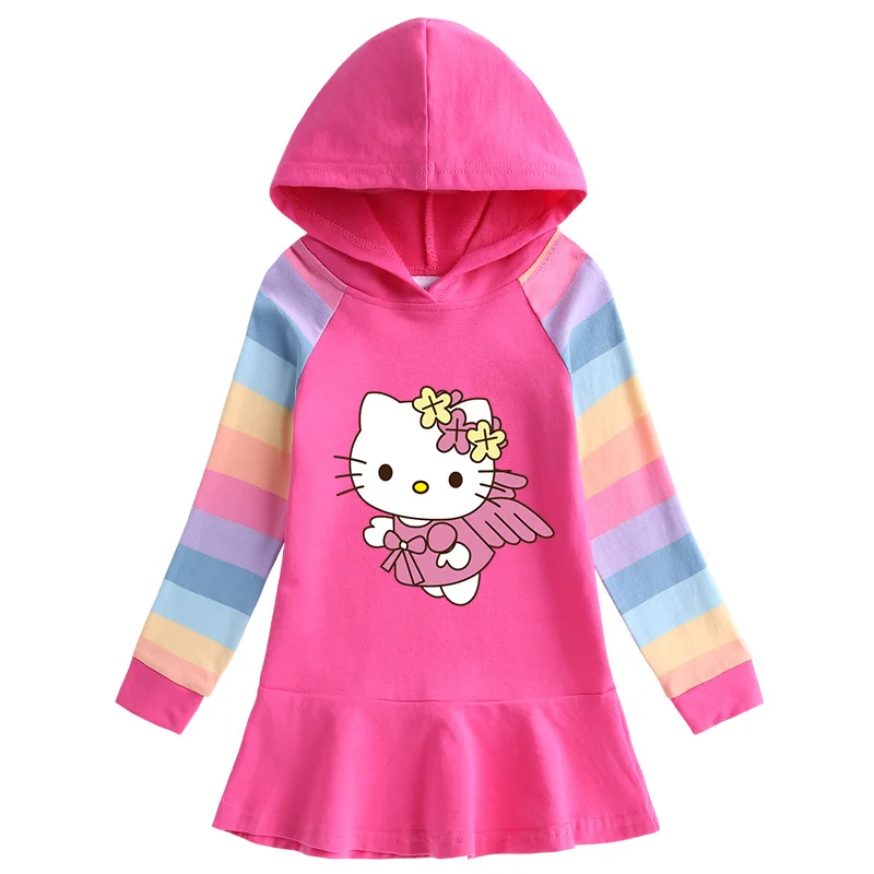 thumbnail image 1 of Hello Kitty-vestido con estampado de dibujos animados para niña, suéter con capucha de manga larga de arcoíris de algodón puro, falda de princesa dulce, primavera y otoño, 1 of 5