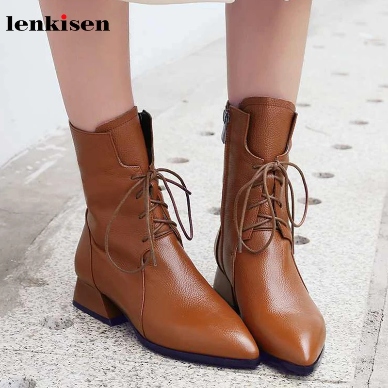 Lenkisen/модные однотонные женские зимние сапоги до середины икры из натуральной кожи на среднем каблуке со шнуровкой и острым носком для отдыха; L51