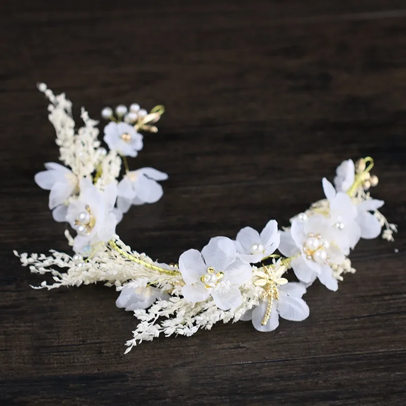 Для женщин ручной работы сушеный цветок оголовье мех Свадебный ободок стрекоза аксессуары для волос белые элегантные свадебные украшения для волос