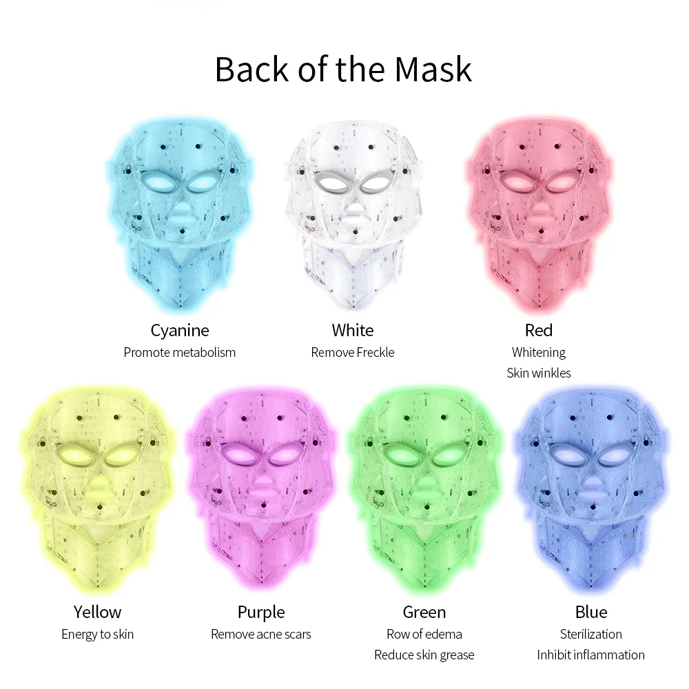 Online 7 colores Led fotón eléctrico LED máscara Facial con cuello rejuvenecimiento de la piel antiarrugas acné terapia de fotones cuidado de la piel máscara de belleza