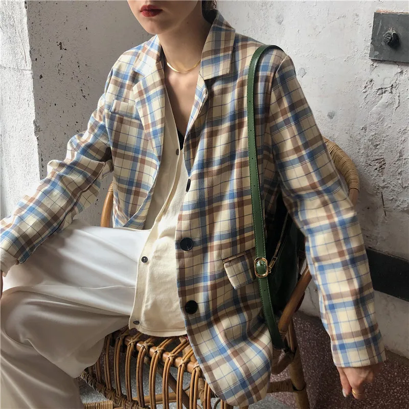 

2019 New Style Simple Versatile Pattern Suit Collar Loose-Fit Double Pocket Long Sleeve Suit Coat Women's