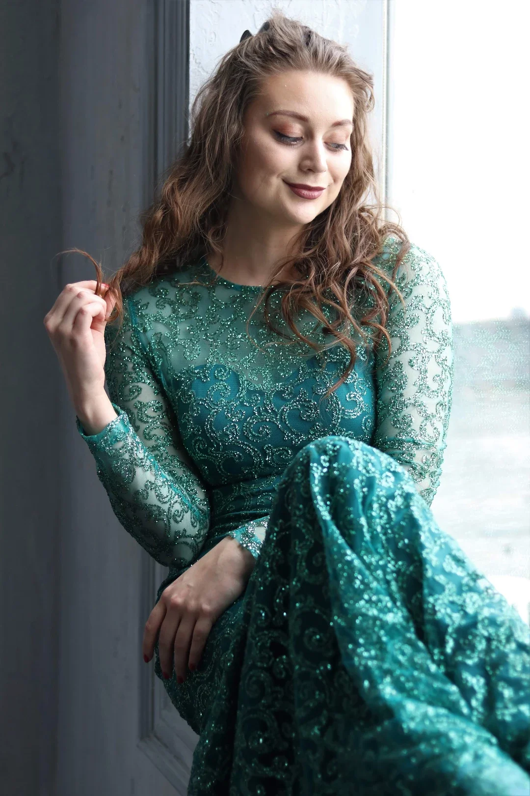 

Pretty Sparkle Fabric Long Sleeves Evening Dress Deep Green Women Mermaid Prom Gown Custom Made