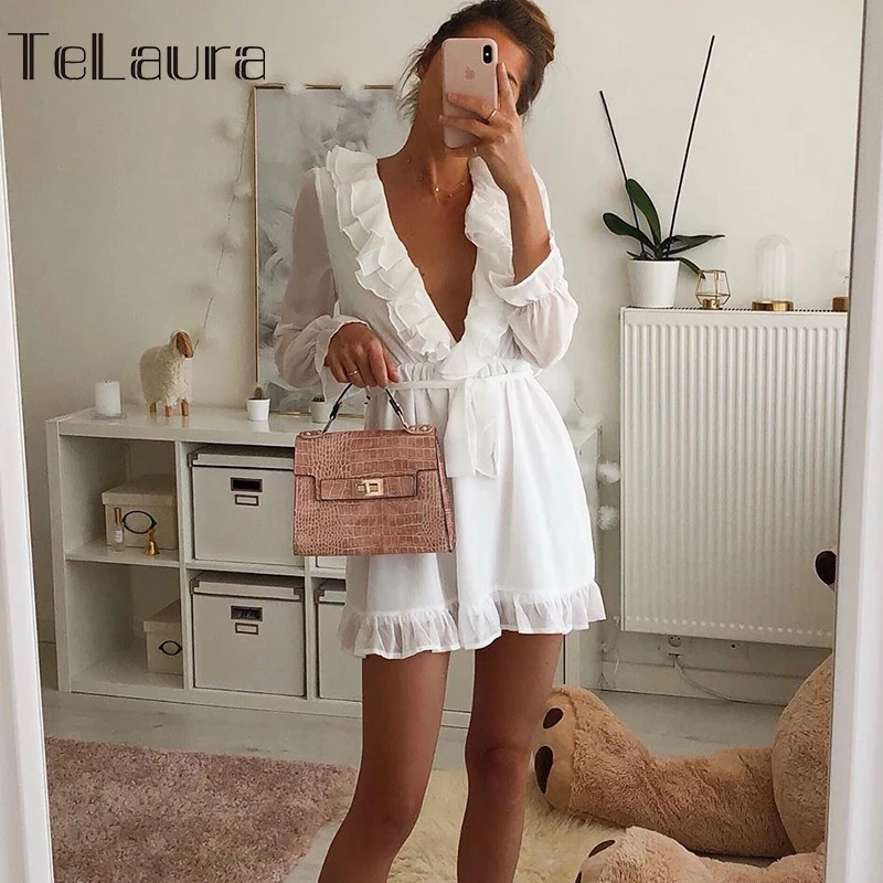 

2019 Beach Cover Up Swimsuit White V Neck Beach Dress Ruffle Women Bikini Swimsuit Cover up Summer Beach Wear Women Beachwear