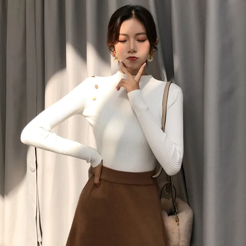 Black sweater Women Autumn Winter New Button Slim Turtleneck Sweater Female Simple All-match Solid Color Knit Pullover Sweaters