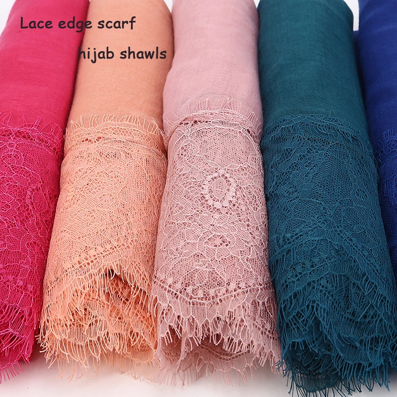 

2017 Ladies Lace edges Free Shipping beautiful hijabs Scarves Women Plain/solid Cotton viscose Head Scarf oversize muffler shawl