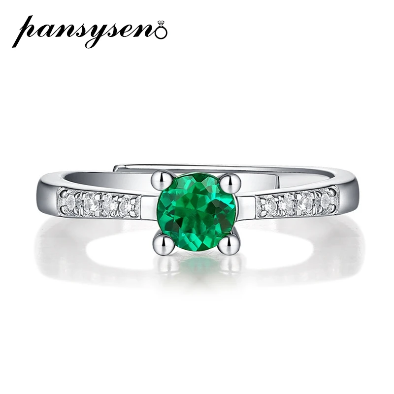 

PANSYSEN Solid 925 Sterling Silver 5MM Round Cut Emerald Lab Moissanite Birthstone Resizable Rings for Women Party Fine Jewelry