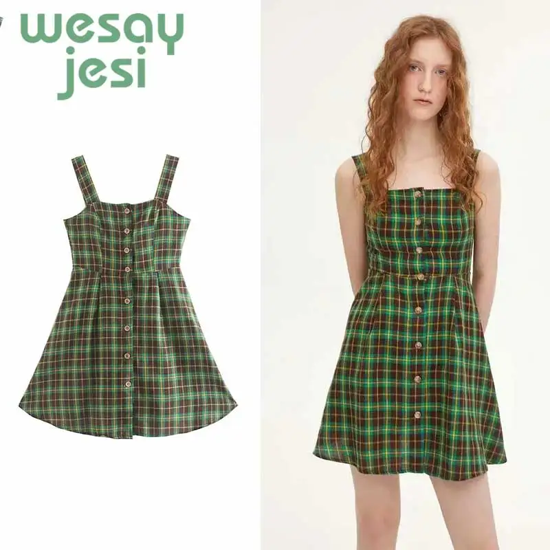 

Summer Plaid Bodycon Dress Women Skinny Gingham A-line Vestidos 2019 cute Vintage Button Casual Mini Dress
