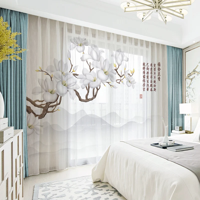 

Custom Chiffon Sheer Curtain Window Drape for Bedroom Living Room Floral Michelia Alba Khaki Gray Brown Pink Blue