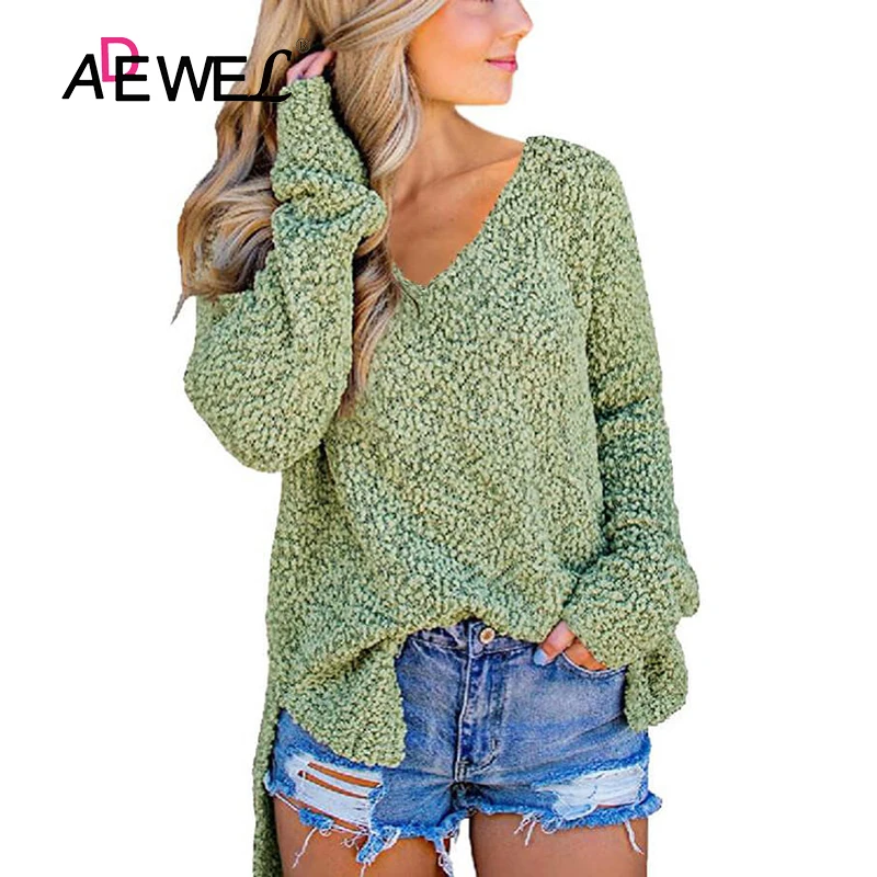 

ADEWEL Green V Neck Popcorn Texture Loose Fit Women Sweater V Neck Sueter Mujer Invierno 2019 Solid Color Long Sleeve Dames Tops