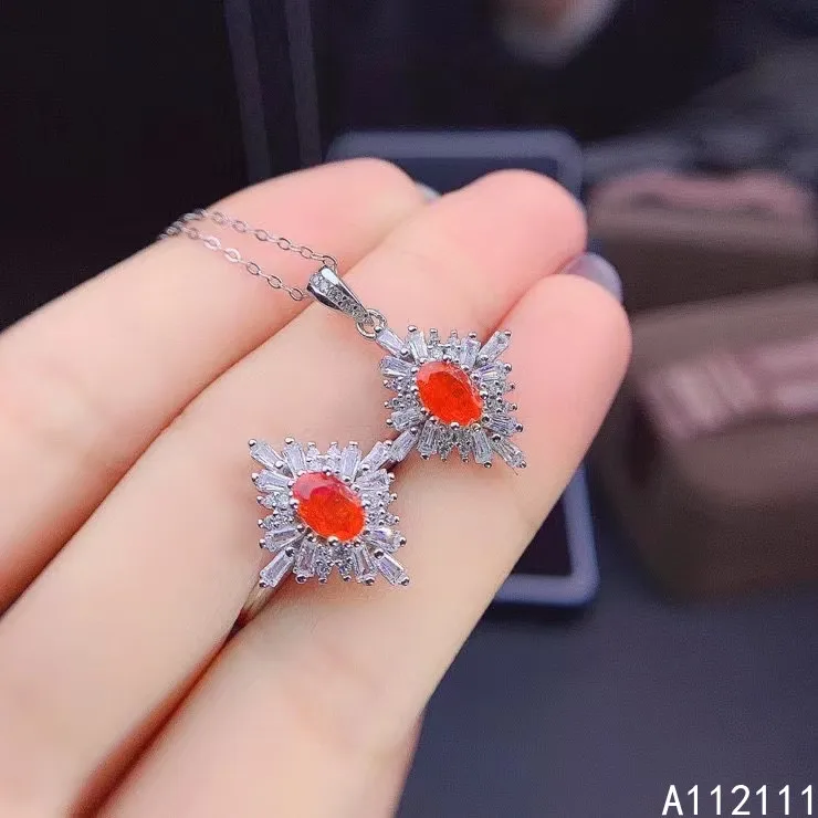 

Fine Jewelry 925 Pure Silver Inset With Natural Gem Women's Luxury Classic Flower Fire Opal Pendant Adjustable Ring Set Support