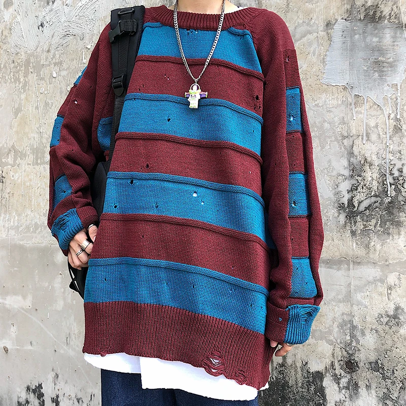 Полосатый свитер в стиле хип-хоп в стиле панк с дырками для мужчин и женщин, винтажный объемный пуловер, Повседневные вязаные свитера