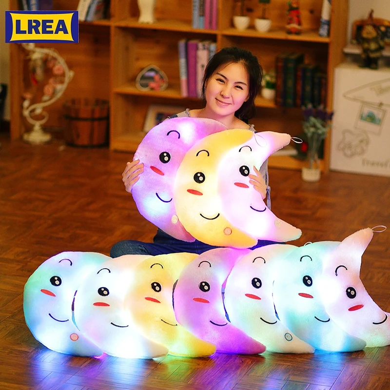 

LREA 38*28*15CM New Colorful Flashing Moon cojines Plush Toys Sleep Luminous Led Light Cushion Pillow Doll Birthday Gifts