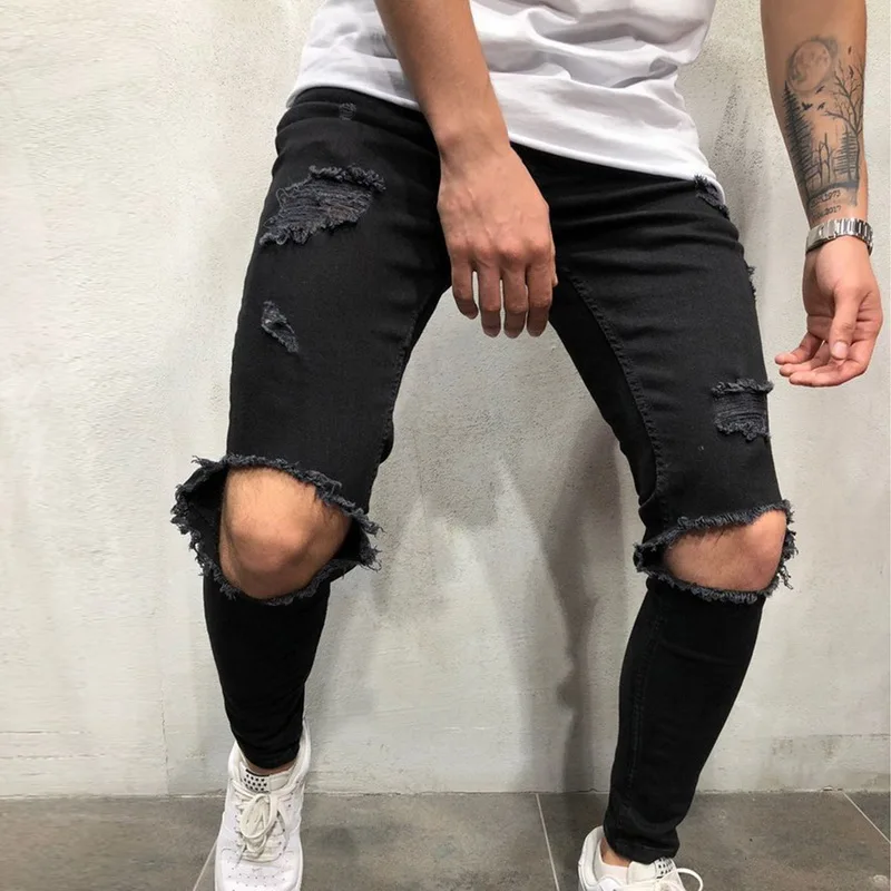 Shujin men's/модные рваные зауженные джинсы эластичные до колена с дырками, зауженные джинсы, рваные джинсы на молнии, Молодежные узкие Стрейчевые штаны