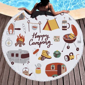 

SOFTBATFY Happy Camping Beach Terry Round Beach Towel with Tassel Dropshipping
