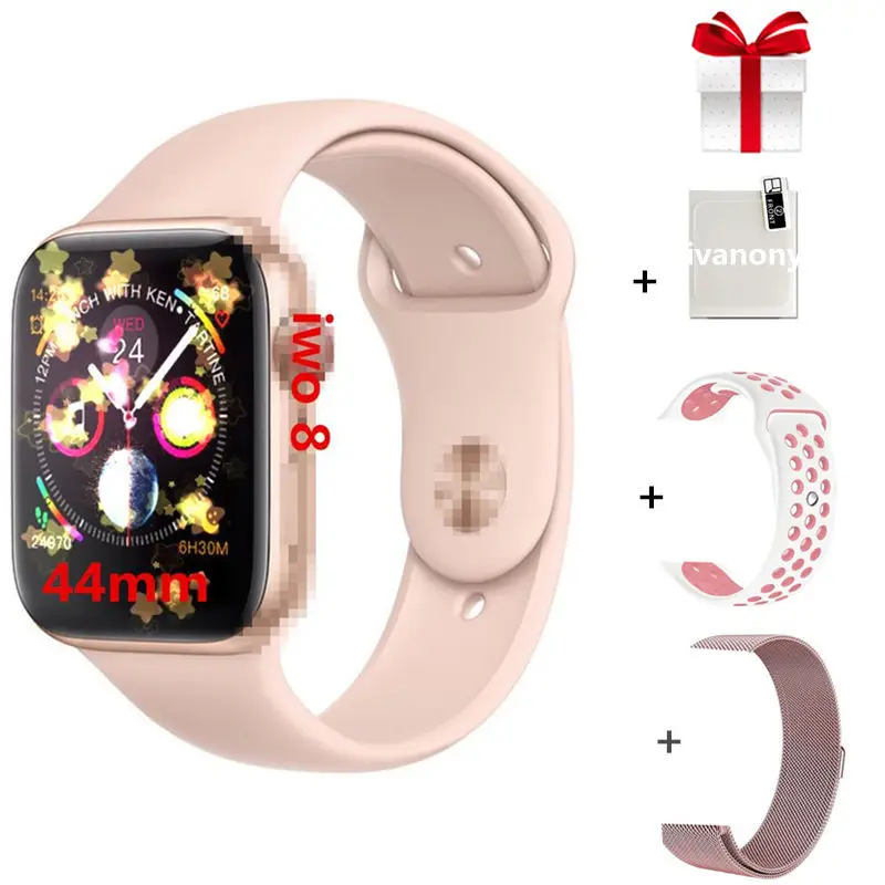 IWO 8 Smartwatch+ ремни+ пленка/комплект 44 мм серия 4 Чехол 1:1 Reloj Deportivo Hombre Smartwatch для мужчин и женщин для Iphone Xiaomi samsung - Цвет: Pink