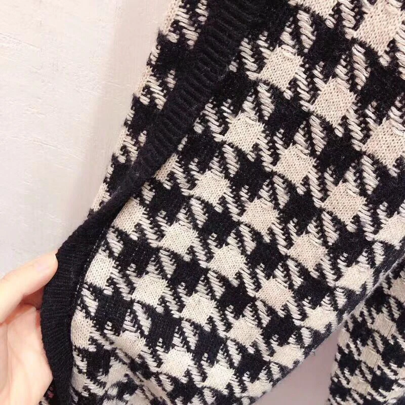 LINGHAN Wool Blend Knitting Pants Suits Women's Fashion Black White Lattice Sweater Two Piece Set Designer Autumn New