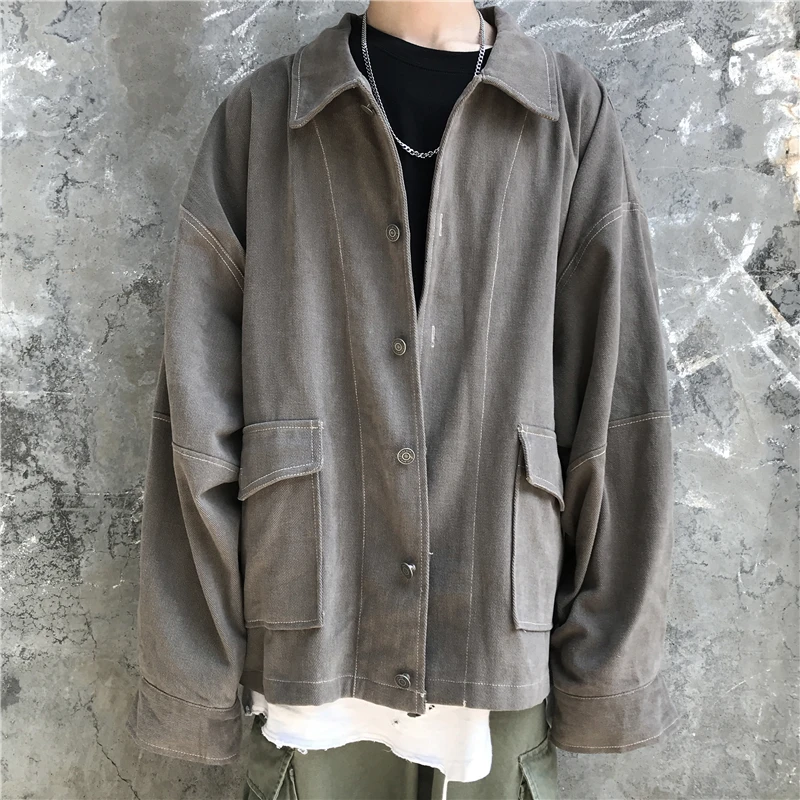 

Autumn New Jacket Men Fashion Retro Solid Color Casual Tooling Jacket Coat Man Streetwear Wild Loose Hip Hop Bomber Jacket Men