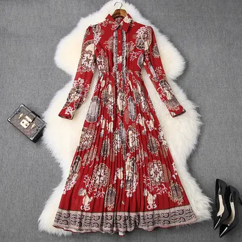 

High Quality Lantern Sleeve Party Robe Long Cocktail Vestidos Women Runway Designer Vintage Print Pleated Dress Shirt