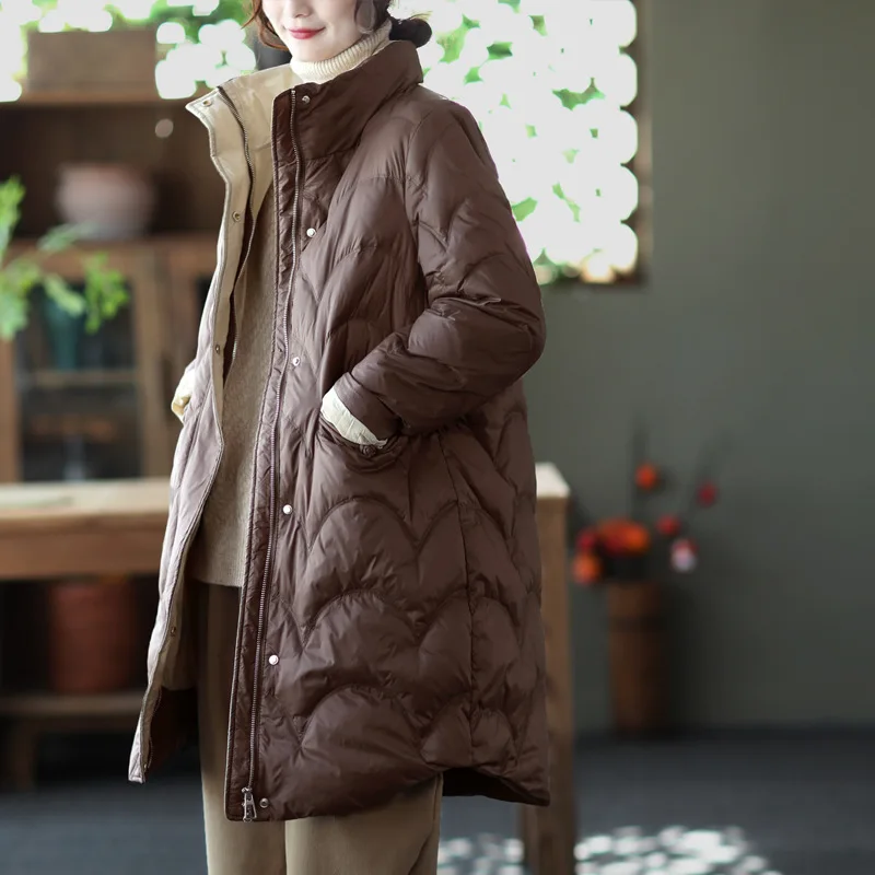 Mid-length Stand-up Collar Button Down Jacket 2021 Autumn and Winter Warm White Duck Down Jacket Women Clothes