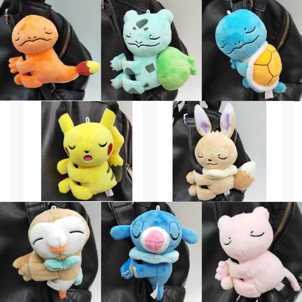 11 см Poke Sleeping Pikachu Charmander Squirtle Bulbasaur Eevee Mew Мягкие плюшевые куклы на липучке игрушка мешок аксессуары TFA3282