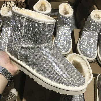 

2020 Bling Crystals Women Warm Fur Snow Boots Handmade diamond shiny sequins Flat Ankle Boots Winter thick wool warm boots